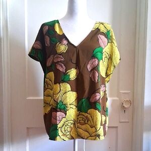 Worthington Brown and Yellow Short Sleeve Boxy Blouse